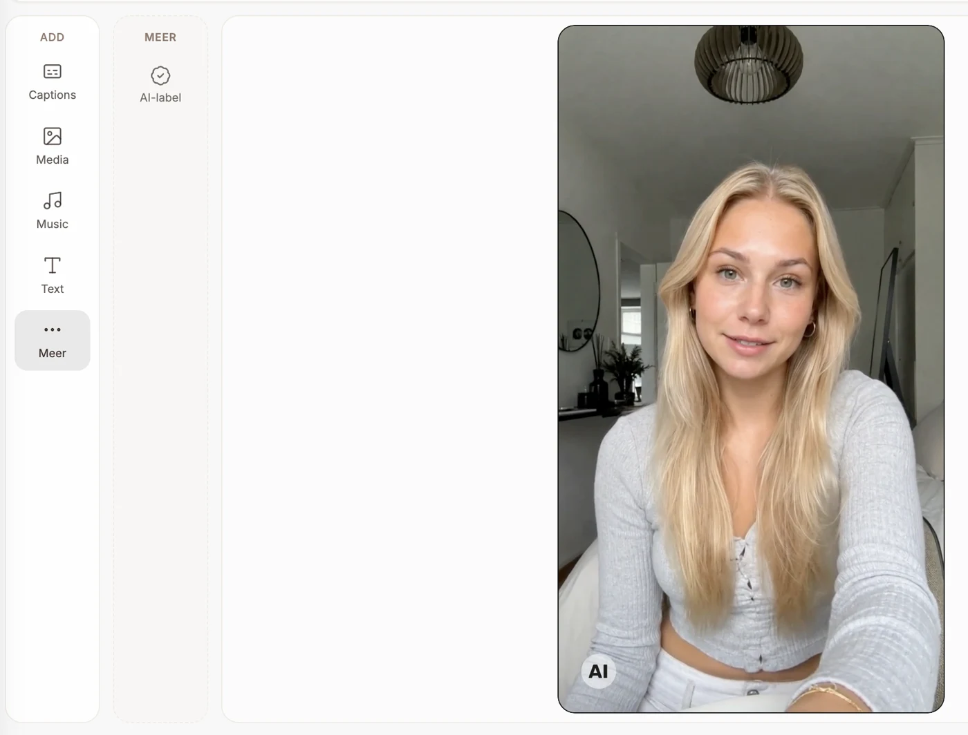 Het AI-label in de Genly-editor: één klik onder "Meer" en het officiële EU-icoon staat in de hoek van je video.